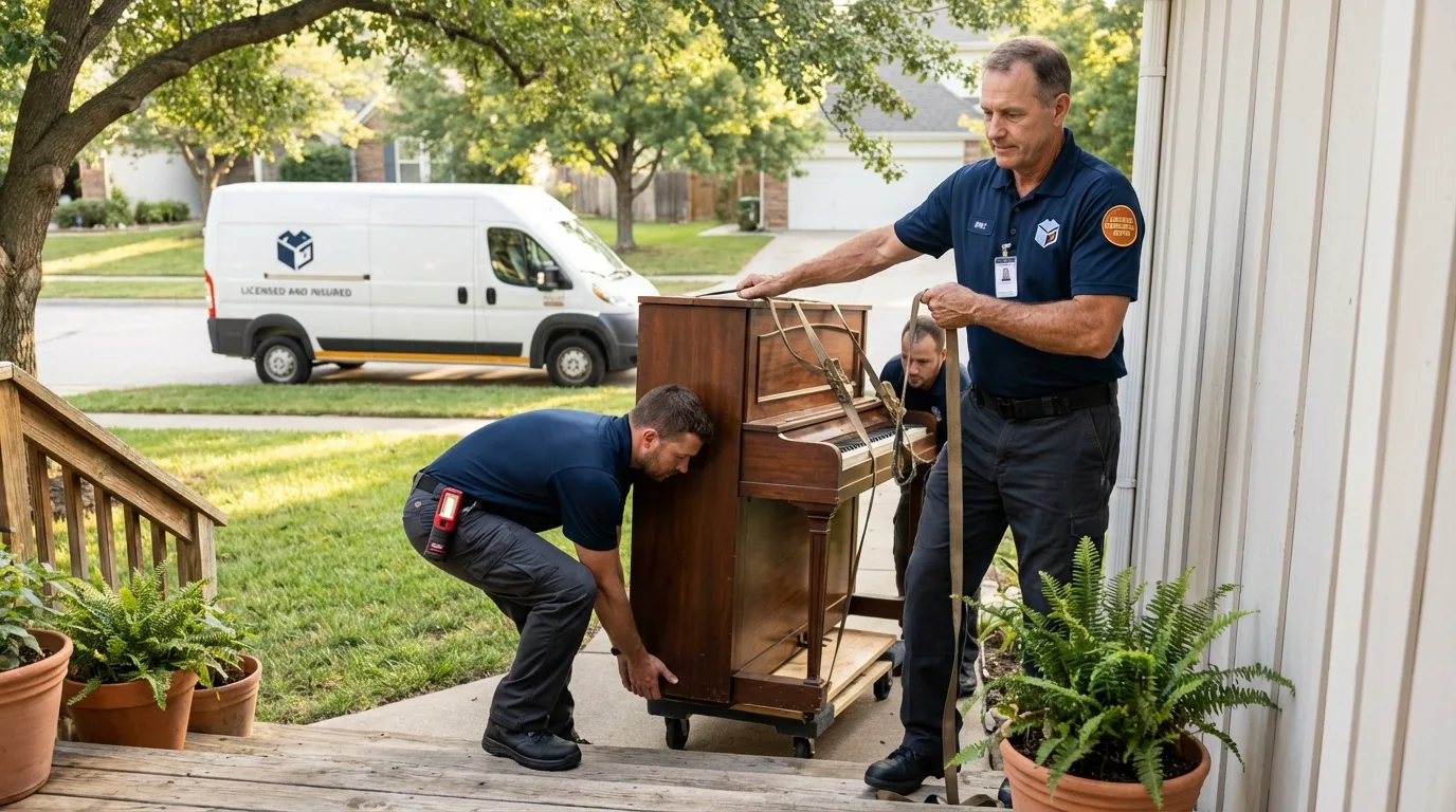 Licensed piano movers securing grand piano in Ray City, GA
