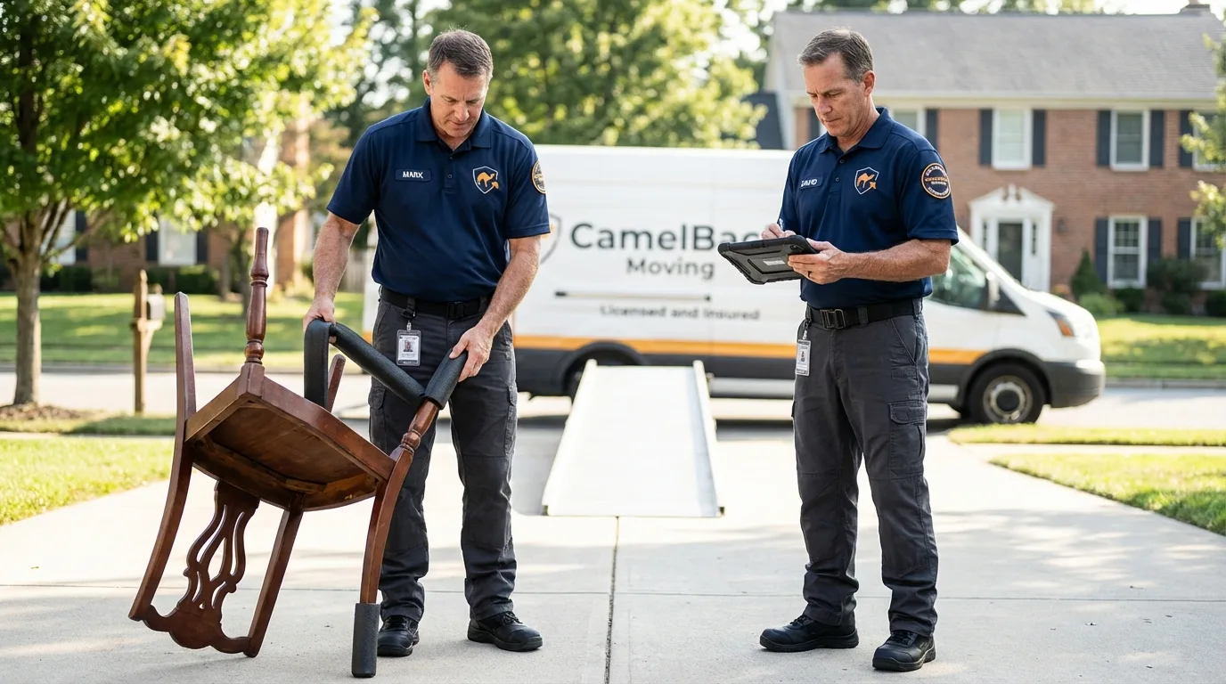 Movers inspecting furniture for damage prevention before loading in Ray City, GA