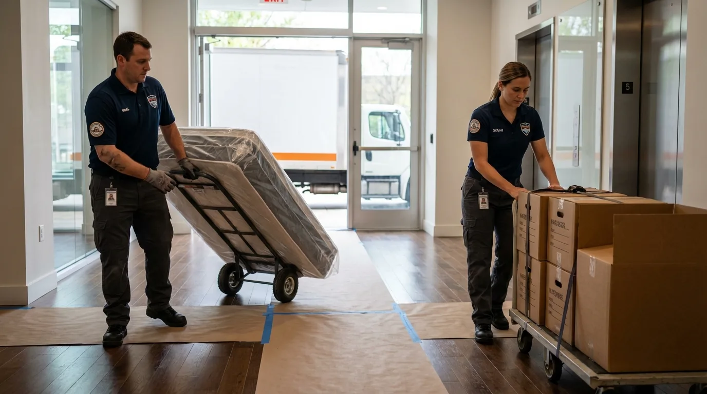 Professional apartment movers loading elevator in Ray City, GA